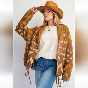 New Easel Ethnic Printed Knit Sweater Cardigan L
